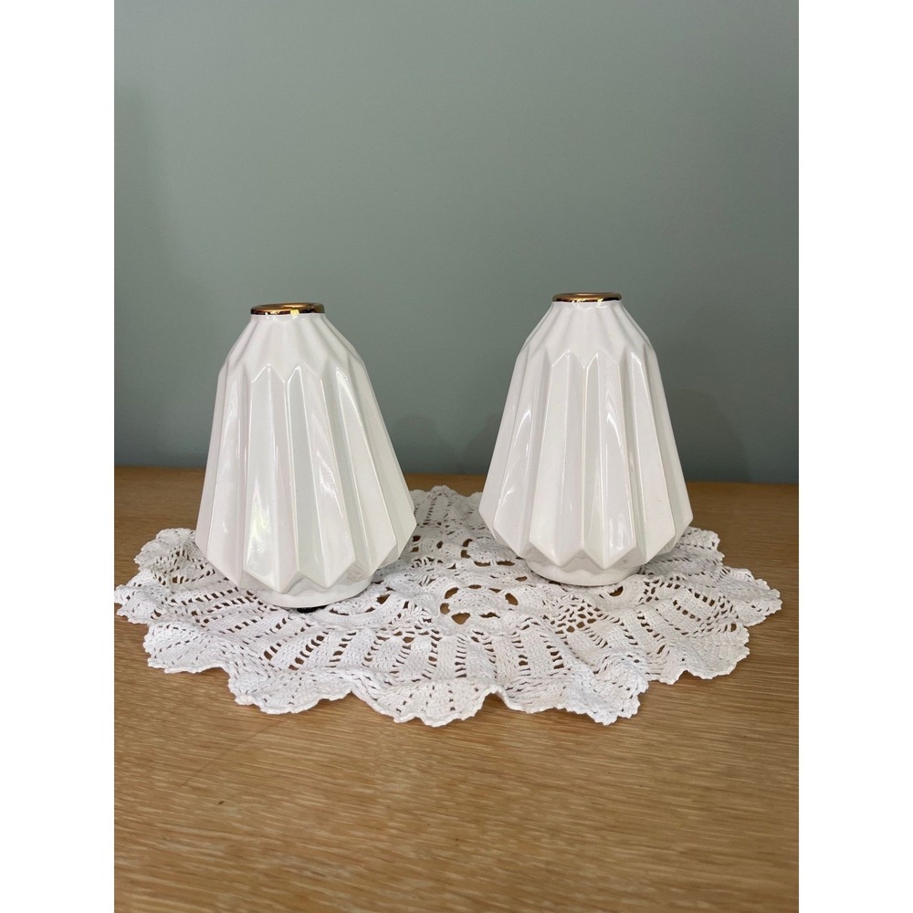 Pair white geometric candle holders gold color trim